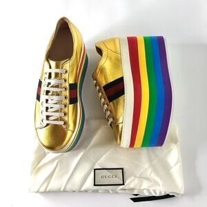 Gucci Peggy Mettalic Gold Rainbow Platform Lowtop Lace Up Sneakers 38.5